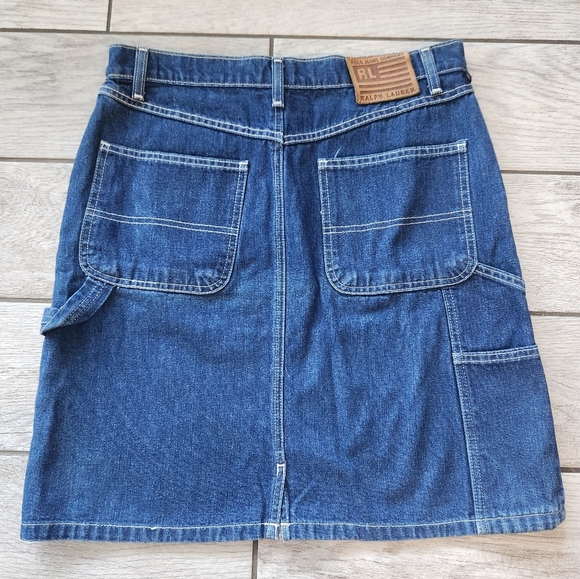 Polo Jeans Ralph Lauren Carpenter Skirt Sz 8 Blue Cotton Y2k Pockets Denim Patch - Picture 3 of 11